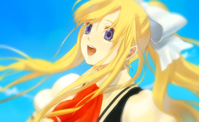 umishima senbon, kamio misuzu, air (visual novel), bad id, bad pixiv id, 00s, blonde hair, blue eyes, long hair, ponytail, ribbon, school uniform, serafuku, solo