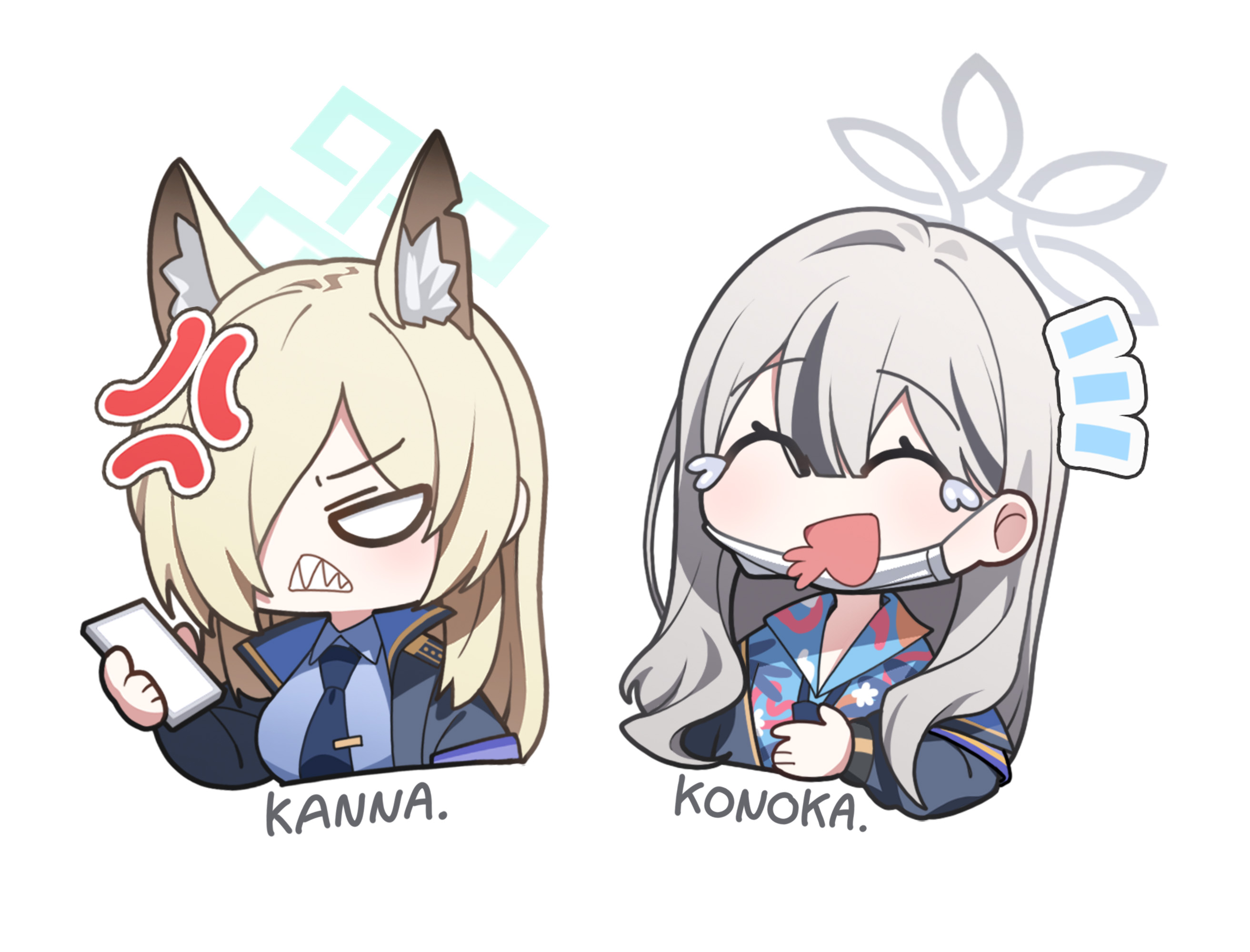 dong ji, kanna (blue archive), konoka (blue archive), blue archive, commentary request, highres, 2girls, :d, ^ ^, anger vein, angry, animal ears, aqua halo, black jacket, blank eyes, blonde hair, blue necktie, blue shirt, cellphone, character name, chibi, chibi only, clenched teeth, closed eyes, collared shirt, cropped torso, dog ears, dog girl, dress shirt, floral print shirt, grey hair, grey halo, halo, hawaiian shirt, holding, holding phone, jacket, laughing, long hair, mask, mouth mask, multiple girls, necktie, notice lines, off shoulder, open clothes, open jacket, open mouth, phone, sharp teeth, shirt, simple background, smartphone, smile, tearing up, teeth, white background