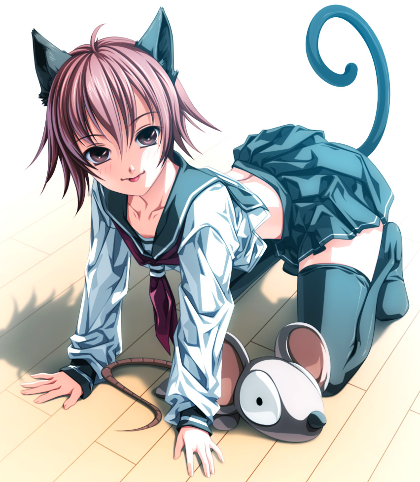 rezi, original, bad id, bad pixiv id, 1girl, :p, all fours, animal ears, cat ears, cat tail, female focus, legs, school uniform, serafuku, short hair, solo, tail, thighhighs, tongue, tongue out, zettai ryouiki