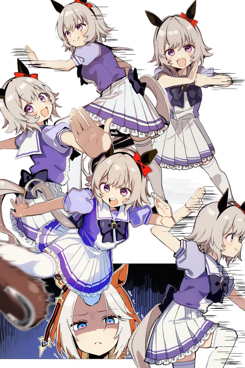to zaemon, curren chan (umamusume), orfevre (umamusume), umamusume, commentary request, highres, 2girls, animal ears, blue eyes, blush, bow, breasts, brown hair, closed mouth, ear bow, ear covers, ear ornament, fighting stance, flying kick, grey hair, hair between eyes, hair intakes, horse ears, horse girl, horse tail, kicking, long hair, multicolored hair, multiple girls, open mouth, orange hair, puffy short sleeves, puffy sleeves, purple bow, purple eyes, purple sailor collar, purple serafuku, purple shirt, purple skirt, red bow, sailor collar, sailor shirt, school uniform, serafuku, shirt, short hair, short sleeves, simple background, single ear cover, skirt, smile, tail, teeth, thighhighs, tracen school uniform, two-tone hair, upper teeth only, white hair, white sailor collar, white skirt, white thighhighs