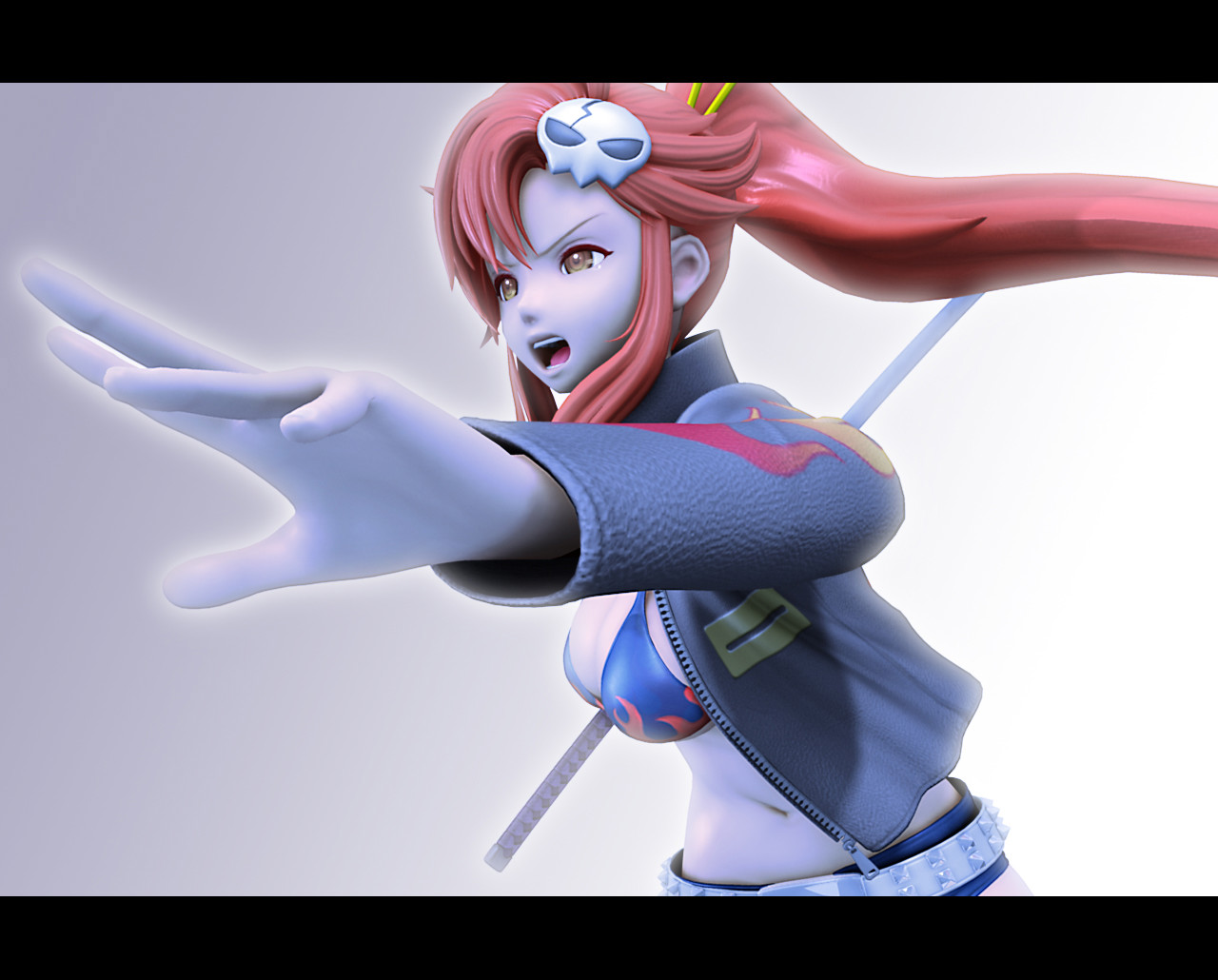 kanzeon, yoko littner, tengen toppa gurren lagann, md5 mismatch, 00s, 1girl, 3d, :o, belt, bikini, bikini top only, breasts, brown eyes, buckle, cleavage, female focus, foreshortening, grey background, letterboxed, long hair, long sleeves, navel, open mouth, ponytail, red eyes, red hair, short shorts, shorts, simple background, solo, stomach, swept bangs, swimsuit, sword, upper body, weapon