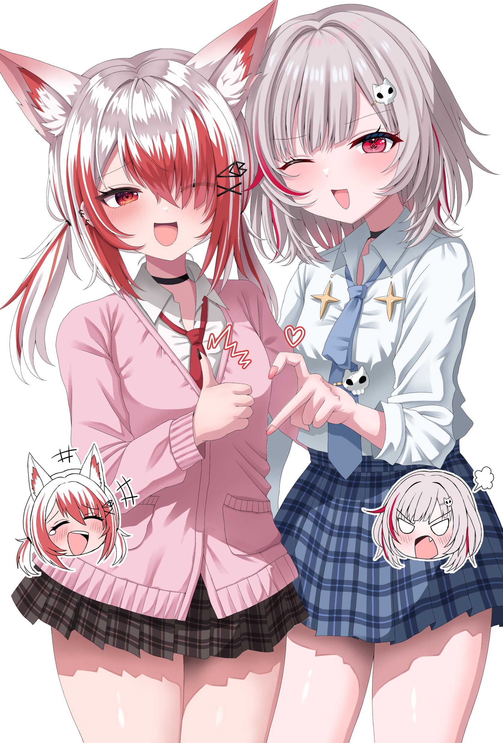 minami (minami summer), dtto., dtto. (2nd costume), syusetu kohaku, reject (esports), vee (vtuber), absurdres, highres, animal ears, black choker, blue necktie, blue skirt, brown skirt, cardigan, chibi, choker, collared shirt, fox ears, gyaru, hair ornament, heart hands failure, miniskirt, multicolored hair, necktie, one eye closed, open mouth, pink cardigan, pleated skirt, red hair, red necktie, school uniform, shirt, short hair, simple background, skirt, skull hair ornament, smile, streaked hair, thighs, virtual youtuber, white hair, white shirt