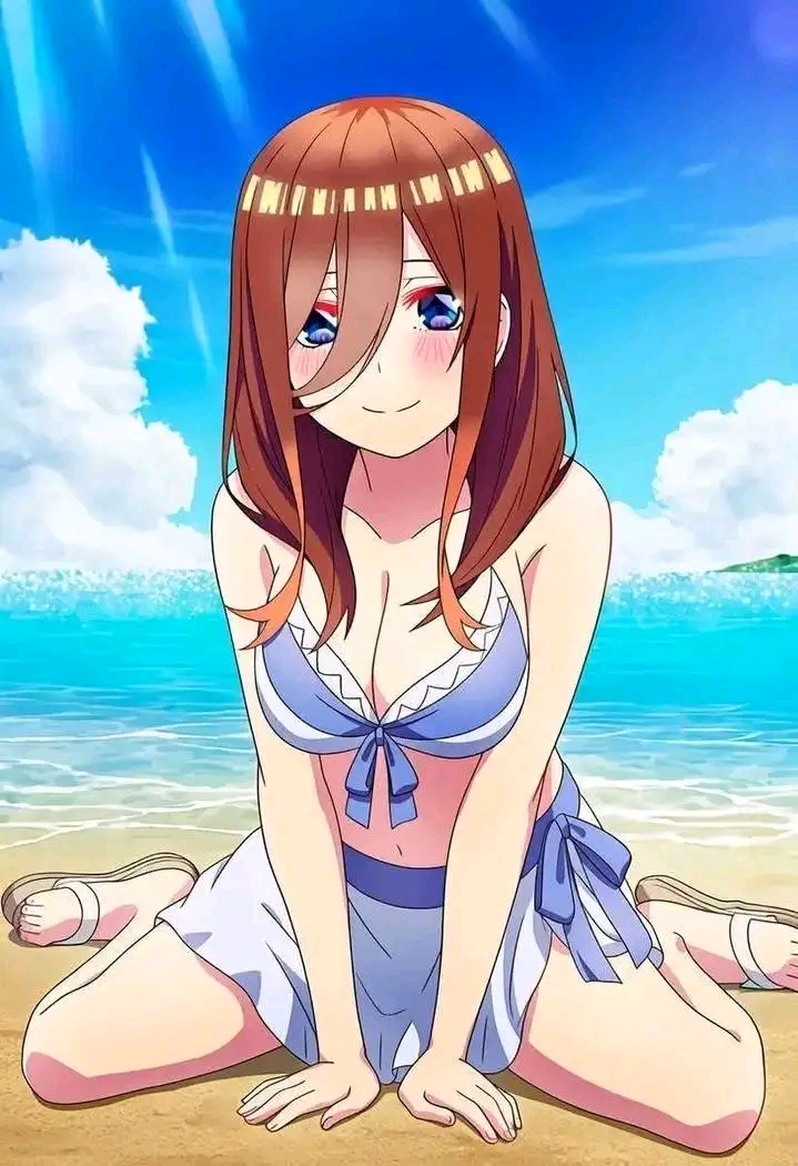nakano miku, go-toubun no hanayome, highres, official art, scan, 1girl, bare shoulders, beach, bikini, bikini skirt, blue bikini, blue eyes, blue skirt, blush, breasts, brown hair, brown sandals, cleavage, closed mouth, collarbone, dot nose, female focus, hands on ground, large breasts, legs, long hair, looking at viewer, midriff peek, miniskirt, navel, ocean, sand, sandals, sexually suggestive, sitting, skirt, smile, solo, solo focus, stomach, swimsuit, thighs