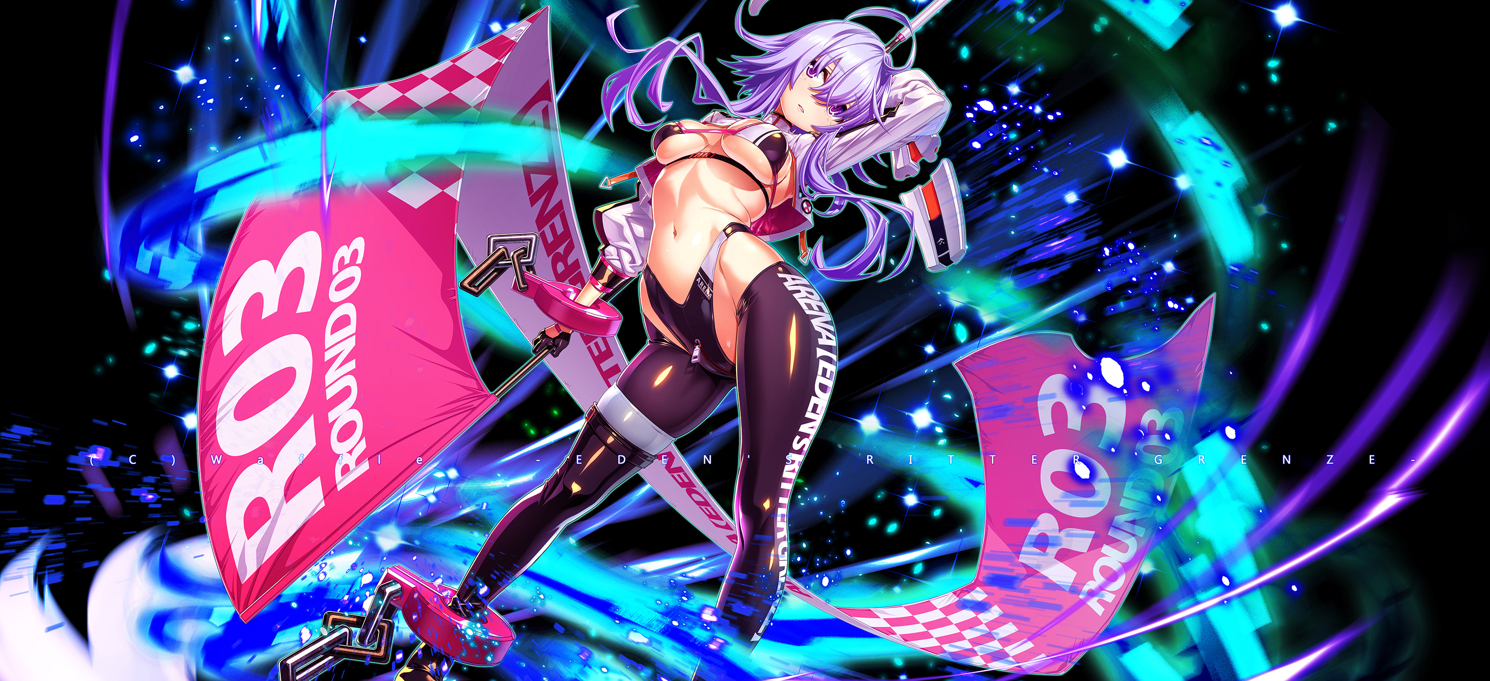 sakuya tsuitachi, eden's ritter grenze, highres, 1girl, ahoge, bikini, black hiphighs, breasts, flag, gloves, half gloves, holding, holding flag, huge ahoge, large breasts, long hair, multicolored bikini, navel, purple eyes, purple hair, shrug (clothing), solo, swimsuit, two-tone bikini