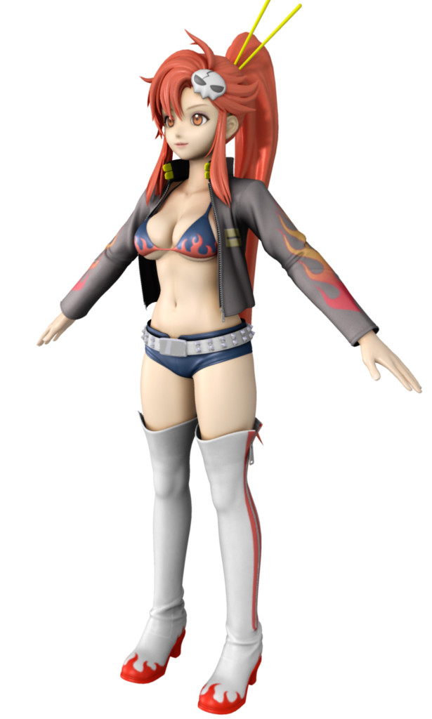 kanzeon, yoko littner, tengen toppa gurren lagann, non-web source, 00s, 1girl, 3d, bikini, bikini top only, female focus, ponytail, short shorts, shorts, simple background, solo, swimsuit, white background