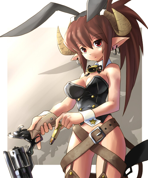 katahira masashi, original, 1girl, animal ears, belt, brown hair, cartridge, cowboy shot, cuffs, earrings, female focus, gun, handgun, horns, jewelry, long hair, no panties, open cylinder (revolver), pointy ears, rabbit ears, red eyes, reloading, revolver, solo, weapon, wrist cuffs