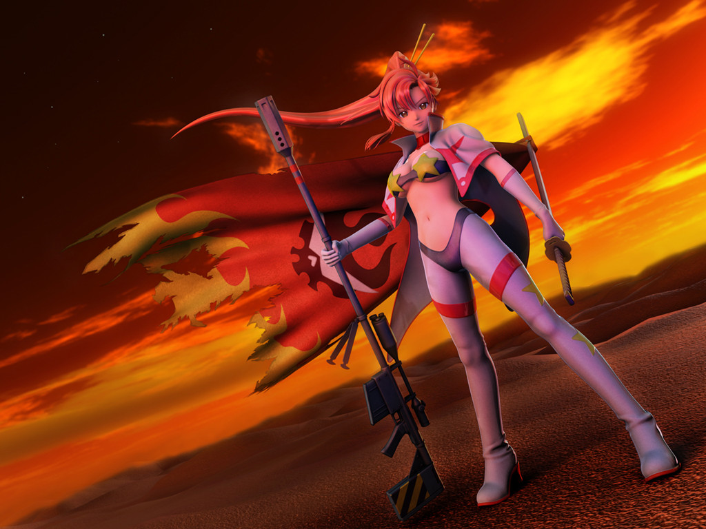 kanzeon, yoko littner, tengen toppa gurren lagann, non-web source, 00s, 1girl, 3d, anti-materiel rifle, breasts, cloud, female focus, flag, gun, medium breasts, midriff, rifle, sky, sniper rifle, solo, star (sky), star (symbol), starry sky, sunset, sword, underboob, weapon