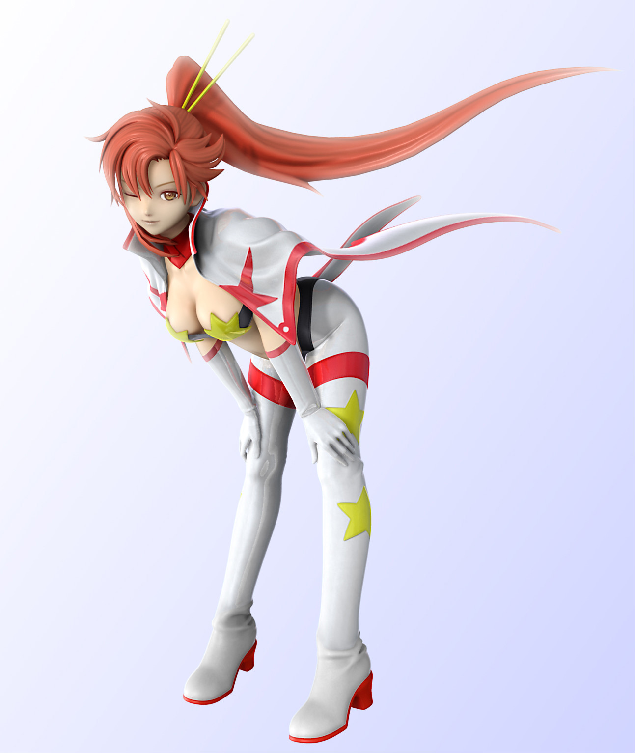 kanzeon, space yoko, yoko littner, tengen toppa gurren lagann, highres, non-web source, 00s, 1girl, 3d, bandeau, boots, breasts, female focus, high heels, large breasts, leaning forward, one eye closed, ponytail, red hair, shoes, solo, strap, strapless, tube top, wink