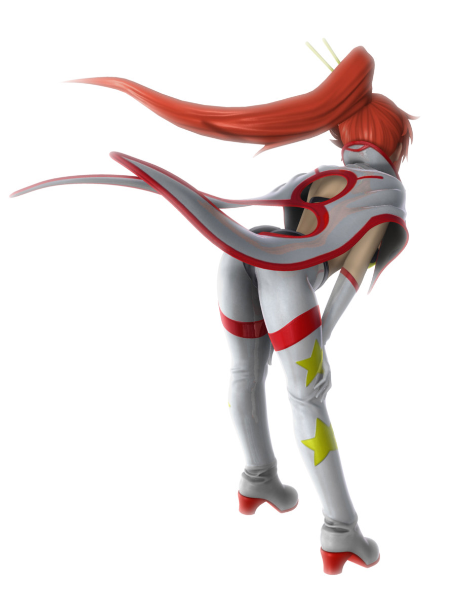 kanzeon, space yoko, yoko littner, tengen toppa gurren lagann, non-web source, 00s, 1girl, 3d, back, boots, cape, female focus, floating hair, full body, gloves, hair ornament, hair stick, hands on own thighs, high collar, high heel boots, high heels, leaning forward, legs apart, long hair, pants, ponytail, red hair, simple background, solo, standing, star (symbol), star print, white background, white boots, white pants