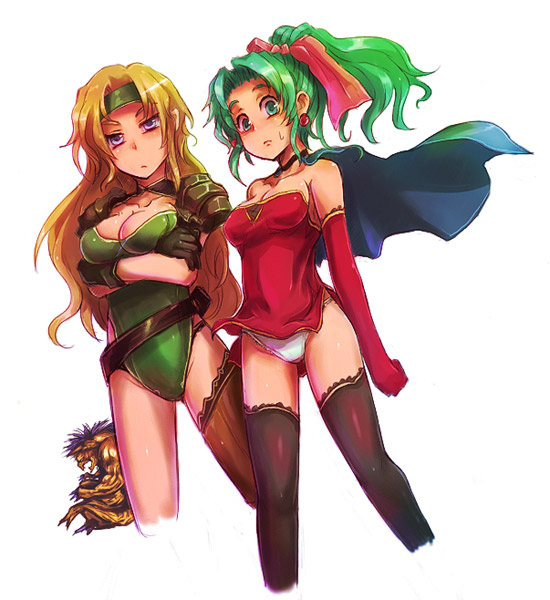 kara (color), celes chere, tina branford, final fantasy, final fantasy vi, black legwear, breast hold, brown legwear, lace-trimmed legwear, >:(, 1990s (style), 2girls, annoyed, asymmetrical clothes, bare shoulders, behemoth, belt, belt skirt, black gloves, black panties, blonde hair, blue eyes, bow, breasts, cape, choker, cleavage, clothes lift, collarbone, cropped legs, crossed arms, dress, dress lift, earrings, elbow gloves, frown, gloves, green eyes, green hair, hair bow, hair ribbon, headband, high ponytail, highleg, highleg leotard, jewelry, lace, lace trim, legs apart, leotard, long hair, monster, multiple girls, nervous, panties, pantyshot, pelvic curtain, pink bow, ponytail, purple eyes, red gloves, retro artstyle, ribbon, sheath, short dress, short ponytail, shoulder pads, sideboob, simple background, single thighhigh, standing, strapless, strapless leotard, sweatdrop, thighhighs, underwear, v-shaped eyebrows, very long hair, wavy hair, white background, white panties, wide-eyed, wind, wind lift