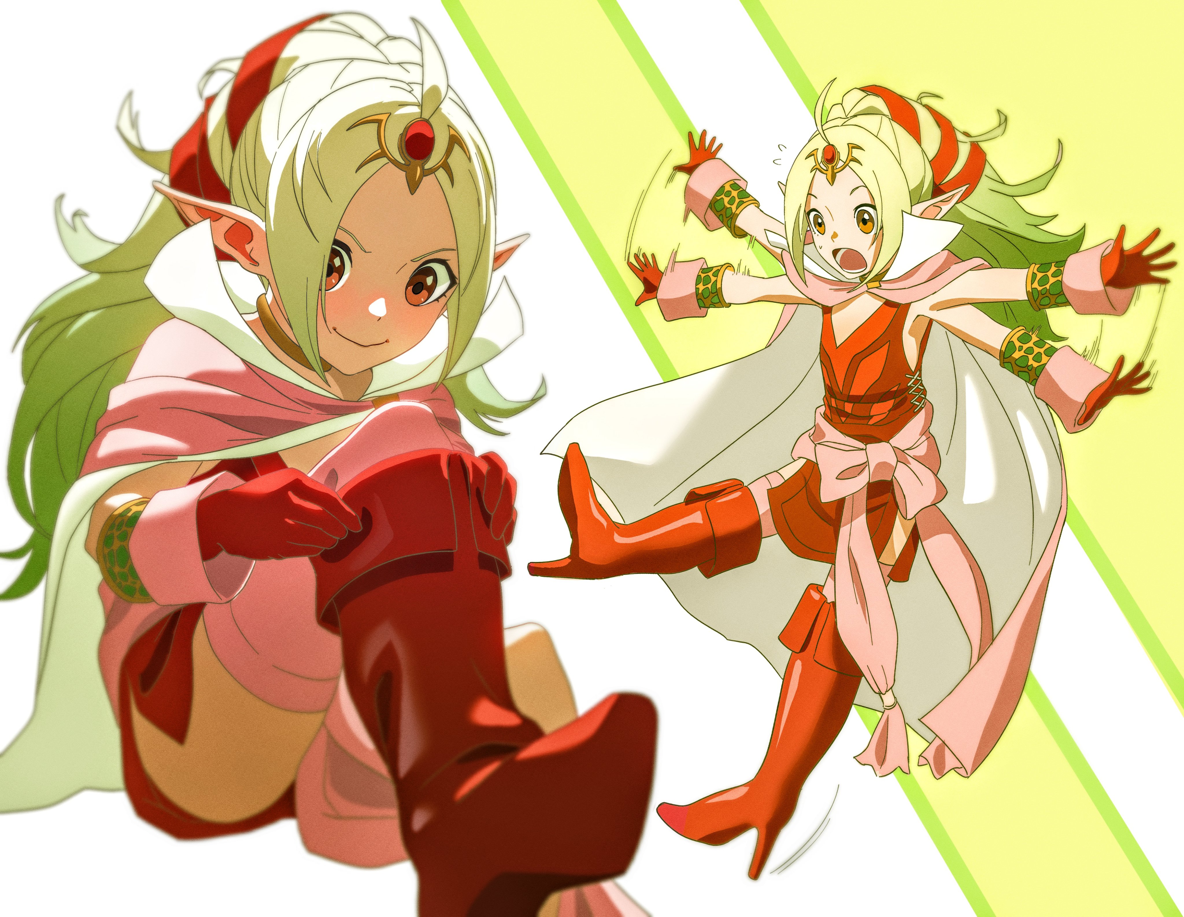 kwajia3, nowi (fire emblem), tiki (adult) (fire emblem), tiki (fire emblem), fire emblem, fire emblem awakening, nintendo, absurdres, commentary, commission, english commentary, highres, second-party source, 1girl, ahoge, blush, boots, breasts, cape, circlet, closed mouth, cosplay, dress, gloves, green hair, hair ribbon, high heel boots, high heels, jewelry, knee boots, long hair, open mouth, pink cape, pink thighhighs, pointy ears, ponytail, red boots, red dress, red eyes, red gloves, ribbon, short dress, small breasts, smile, thighhighs, tiara