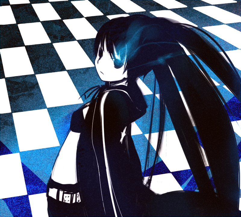 sorethroat, black rock shooter (character), hatsune miku, black rock shooter, vocaloid, bad id, bad pixiv id, 10s, 1girl, belt, black eyes, black hair, checkered background, female focus, gradient background, jacket, limited palette, long hair, midriff, solo, twintails