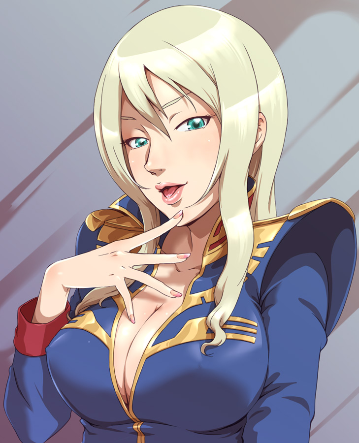 toshi punk, isabella rouge, gundam, gundam card builder, 1girl, blonde hair, breasts, cleavage, covered erect nipples, female focus, green eyes, large breasts, lips, lipstick, long hair, makeup, military, military uniform, nail polish, naughty face, solo