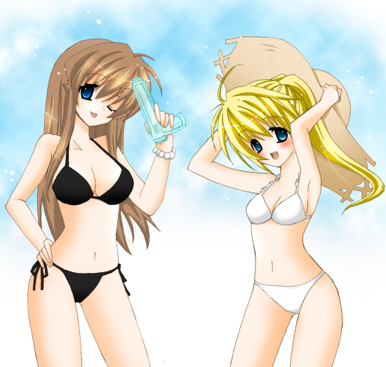 green (pokemon), yellow (pokemon), nintendo, pokemon, pokemon adventures, 2girls, arms up, bikini, blonde hair, blue eyes, breasts, brown hair, cleavage, hat, long hair, medium breasts, multiple girls, one eye closed, ponytail, side-tie bikini bottom, small breasts, straw hat, swimsuit, water gun