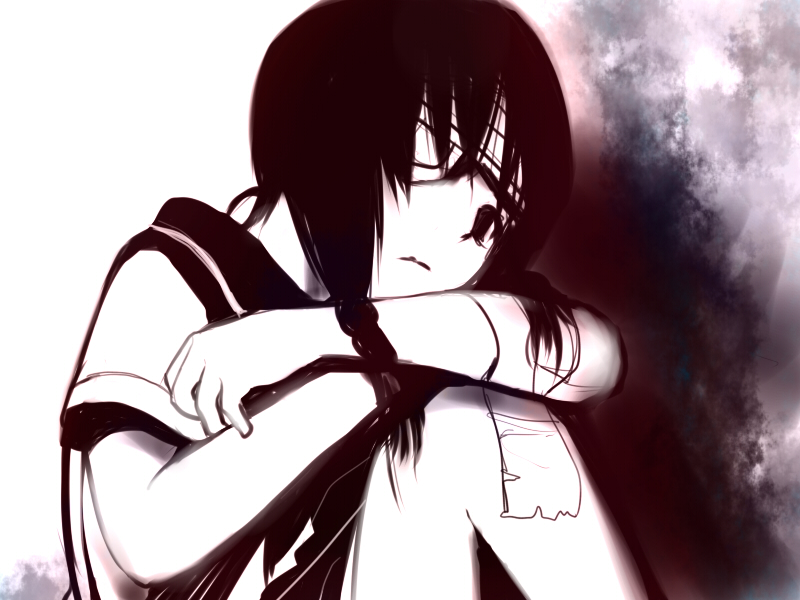sorethroat, kobushi abiru, sayonara zetsubou sensei, 00s, bandage over one eye, bandages, black hair, braid, school uniform, serafuku, solo, twin braids