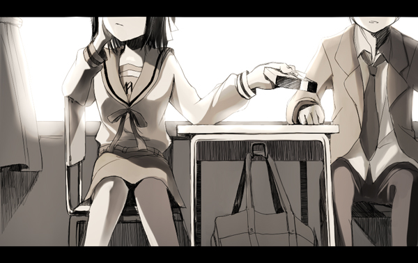 sorethroat, kyon, suzumiya haruhi, suzumiya haruhi no yuuutsu, 00s, 1boy, 1girl, chair, desk, gift, head out of frame, head rest, letterboxed, school, school uniform, serafuku, tsundere