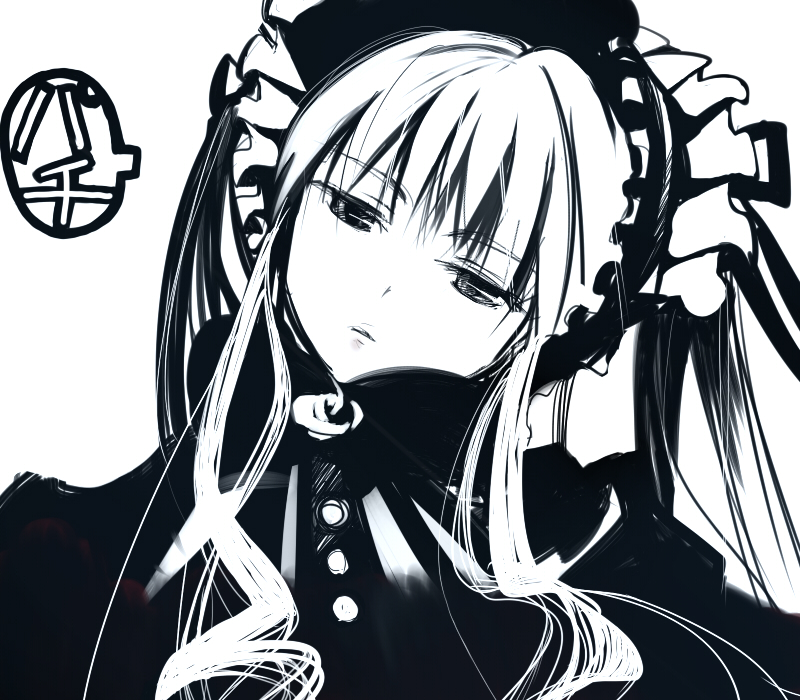sorethroat, shinku, rozen maiden, 00s, dress, drill hair, greyscale, hat, long hair, monochrome