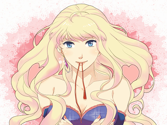 otama (pixiv), sheryl nome, macross, macross frontier, bad id, bad pixiv id, 00s, 1girl, applying manicure, blonde hair, blue eyes, earrings, female focus, jewelry, long hair, nail polish, red nails, solo