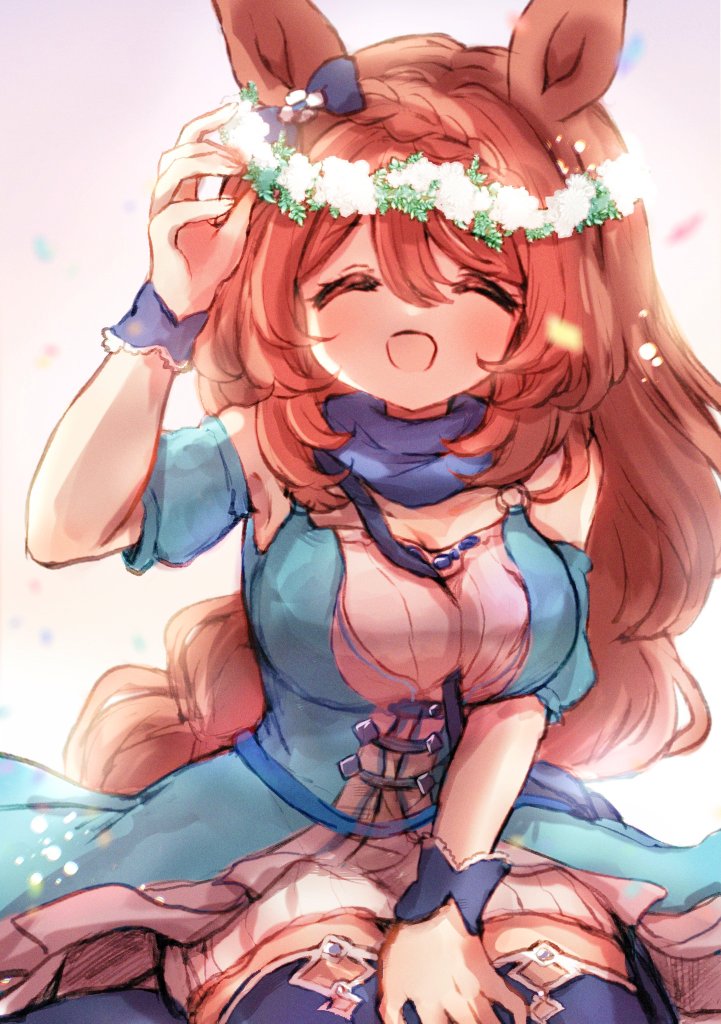 nanohana, super creek (murmuring stream) (umamusume), super creek (umamusume), umamusume, hashtag-only commentary, 1girl, animal ears, blue boots, blush, boots, bow, braid, breasts, brown hair, closed eyes, dress, ear bow, ear ornament, flower, hair between eyes, head wreath, horse ears, horse girl, large breasts, long hair, multicolored hair, open mouth, smile, solo, thigh boots, very long hair, wrist cuffs