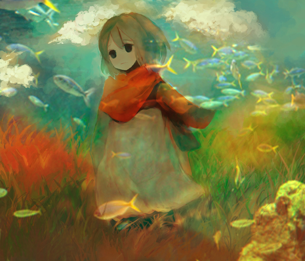 iganotaro, bad id, bad pixiv id, blonde hair, blue eyes, child, cloud, fish, robe, scarf, short hair, sky, solo