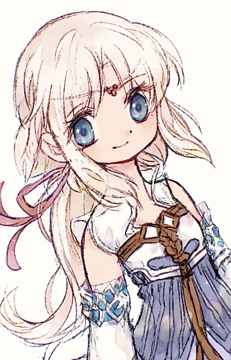 ankomochi (tomatoaaa), mist (rune factory), rune factory, rune factory frontier, highres, blue dress, blue eyes, closed mouth, dress, low ponytail, ponytail, sidelocks, simple background, smile, solo, white background, white hair