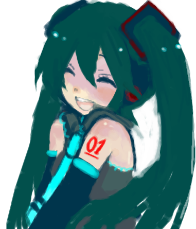 okia, hatsune miku, vocaloid, bad id, bad pixiv id, lowres, closed eyes, detached sleeves, green hair, long hair, necktie, smile, solo, twintails