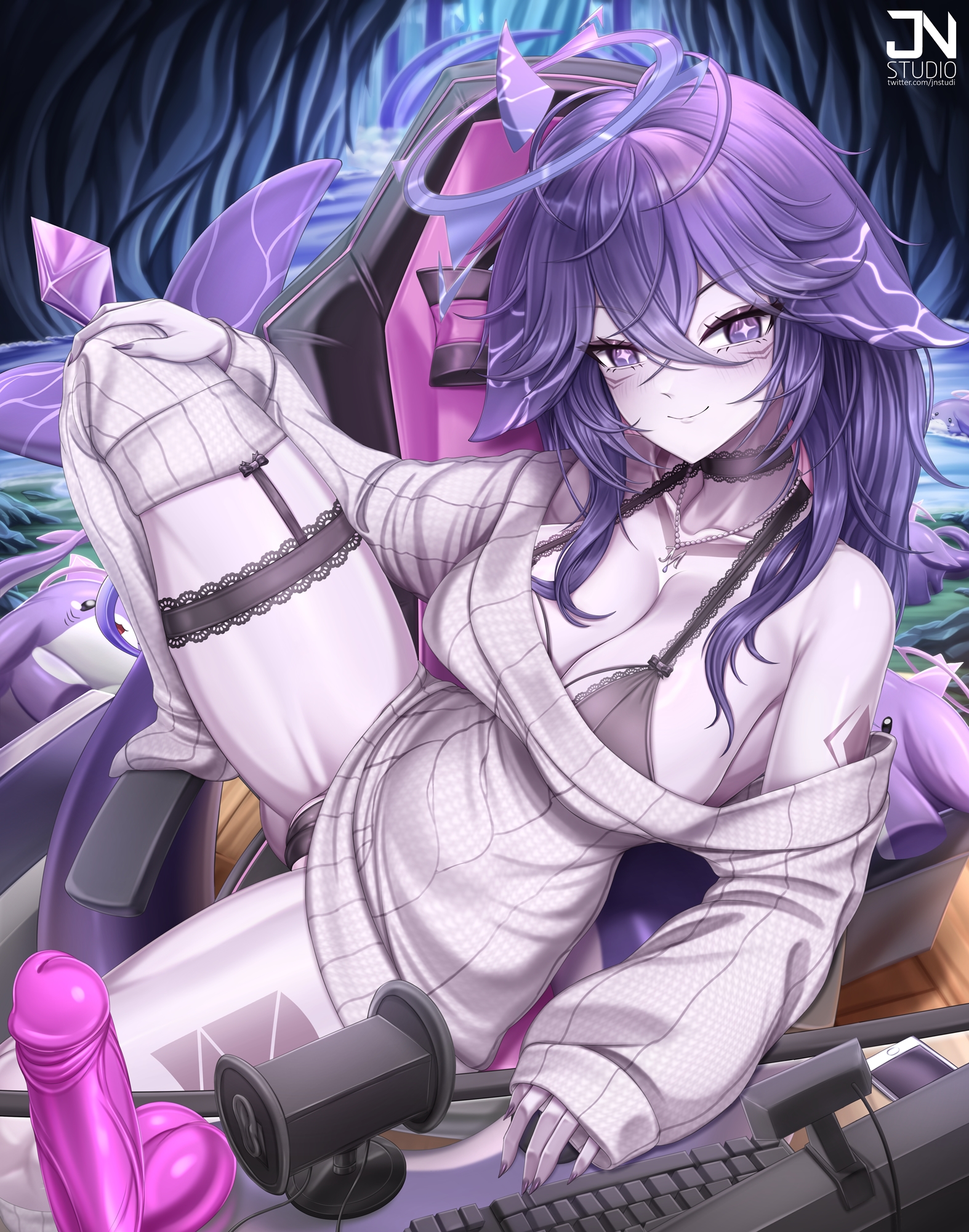 jnstudio, megalodon (vtuber), indie virtual youtuber, highres, 1girl, artist name, bikini, bikini under clothes, binaural microphone, black bikini, black choker, black panties, body markings, breasts, cameltoe, chair, choker, cleavage, closed mouth, collarbone, colored skin, computer keyboard, dildo, facial mark, fins, fish tail, frilled choker, frilled thigh strap, frills, gaming chair, grey skin, hair between eyes, halo, hand on own knee, jewelry, long hair, microphone, necklace, panties, purple eyes, purple hair, purple nails, ribbed thighhighs, sex toy, shark girl, shark tail, sleeves past wrists, smile, solo, sweater, swimsuit, swivel chair, tail, thigh strap, thighhighs, twitter username, underwear, virtual youtuber, white sweater