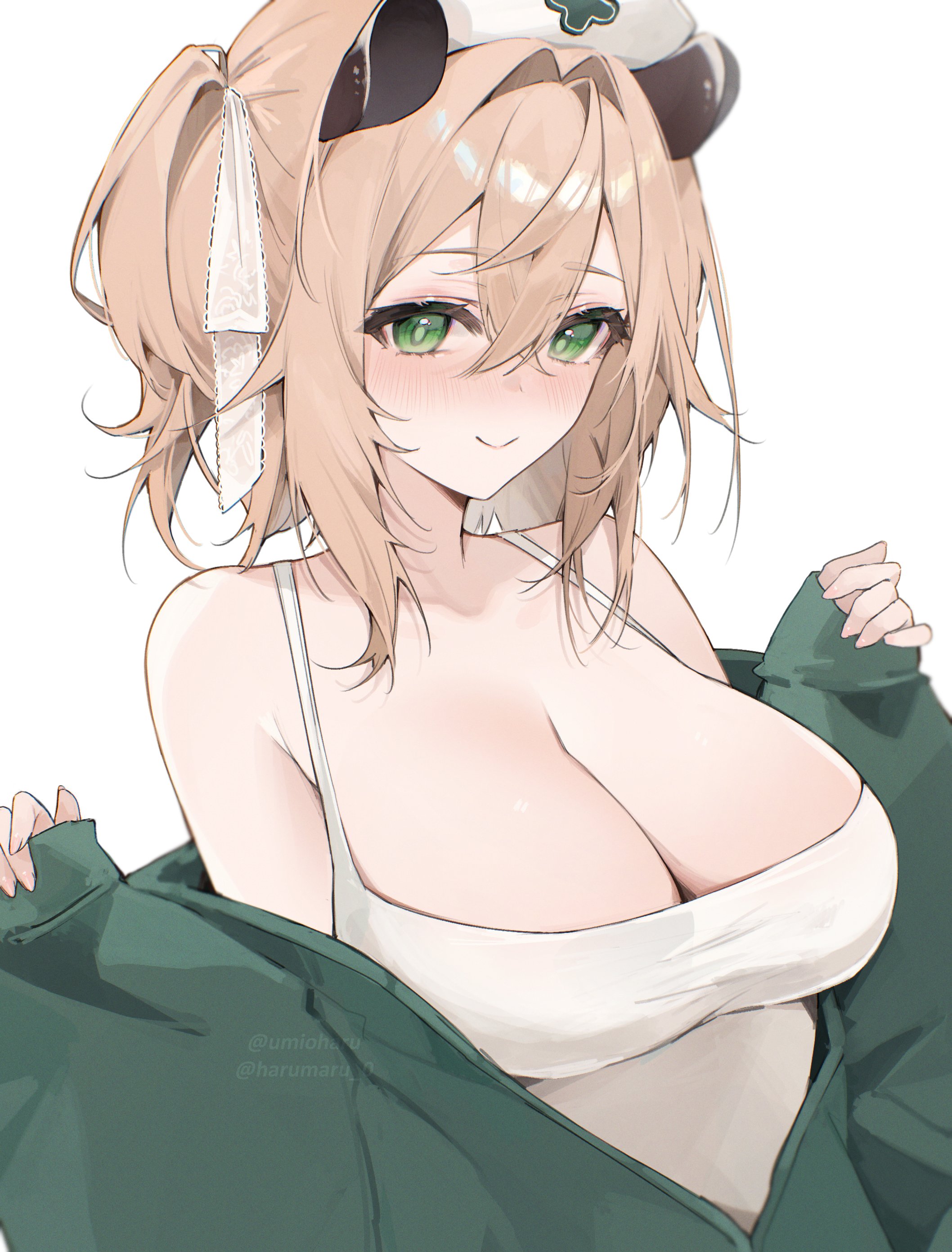 nimi nightmare, indie virtual youtuber, absurdres, highres, 1girl, animal ears, breasts, brown hair, camisole, green eyes, green jacket, hair between eyes, haru too (harumaru 0), hat, jacket, large breasts, long sleeves, looking at viewer, medium hair, nurse cap, off shoulder, one side up, smile, solo, tapir ears, tapir girl, virtual youtuber