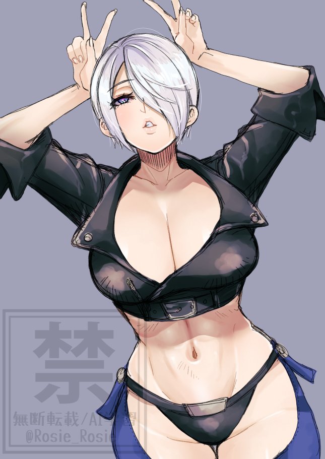 rosie rosie, angel (kof), snk, the king of fighters, the king of fighters xiv, commentary, 1girl, artist name, backless pants, blue eyes, bra, breasts, chaps, cleavage, crop top, cropped jacket, fingerless gloves, gloves, hair over one eye, horns pose, index fingers raised, jacket, large breasts, leather, leather jacket, looking at viewer, midriff, navel, panties, pants, short hair, solo, strapless, strapless bra, toned, toned female, twitter username, underwear, watermark, white hair