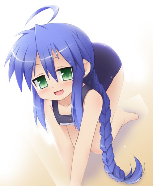 katami shinta, izumi konata, lucky star, 00s, 1girl, all fours, alternate hairstyle, blue hair, braid, female focus, green eyes, long hair, mole, mole under eye, one-piece swimsuit, school swimsuit, solo, swimsuit