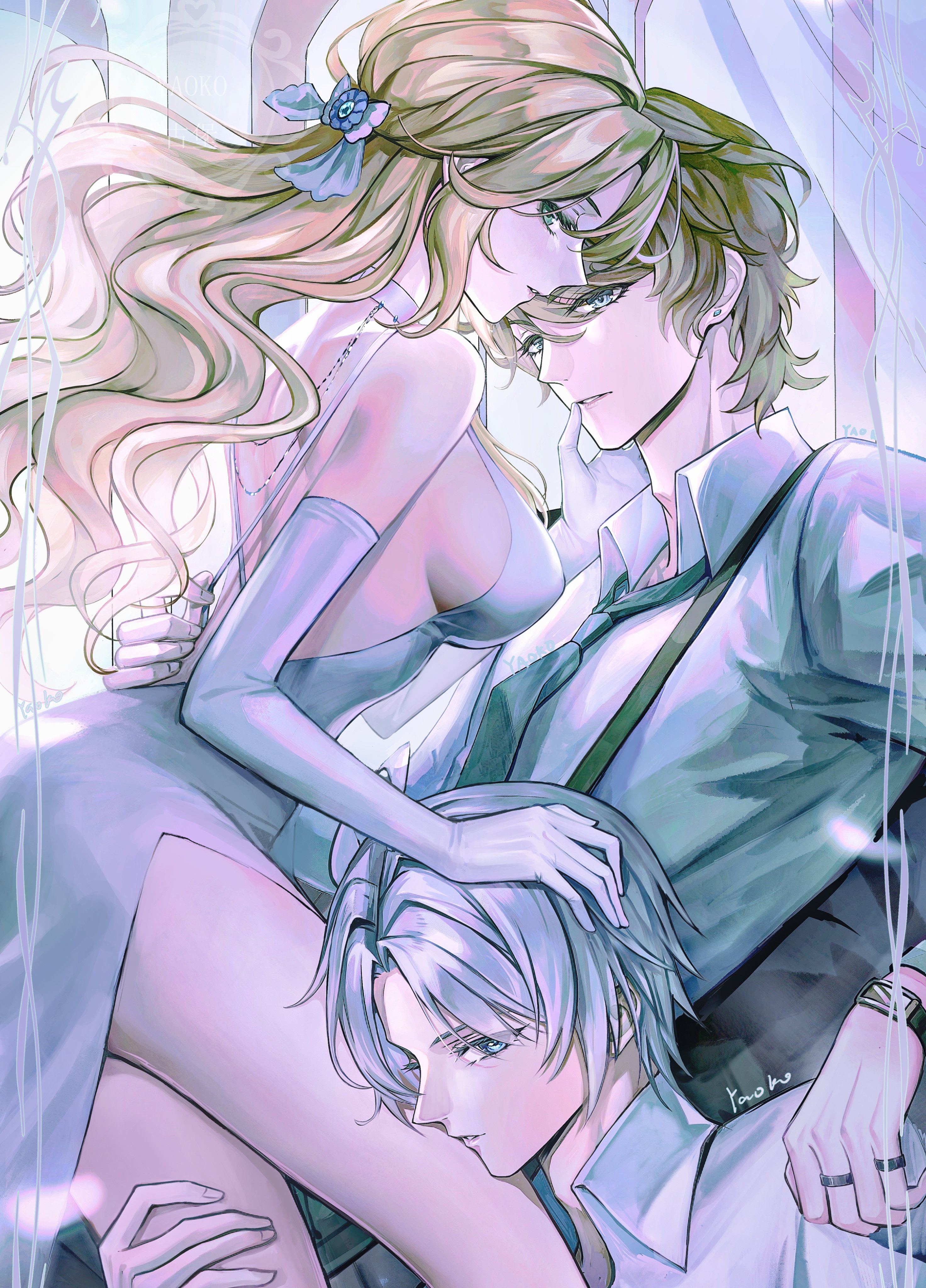 yaoko, piofiore no bansho, absurdres, highres, 1girl, 2boys, arm around waist, artist name, bare shoulders, blonde hair, blue bow, bow, breasts, brown hair, collared shirt, dante falzone, dress, earrings, elbow gloves, gloves, grey hair, group sex, hair between eyes, hair bow, half updo, hand on another's cheek, hand on another's face, hand on another's head, jewelry, liliana adornato, long hair, medium breasts, mmf threesome, multiple boys, multiple rings, necktie, nicola francesa, parted bangs, parted lips, ring, shirt, short hair, side slit, sideboob, sidelocks, single earring, suspenders, thighs, threesome, upper body, watch, white dress, white gloves, white shirt, wristwatch