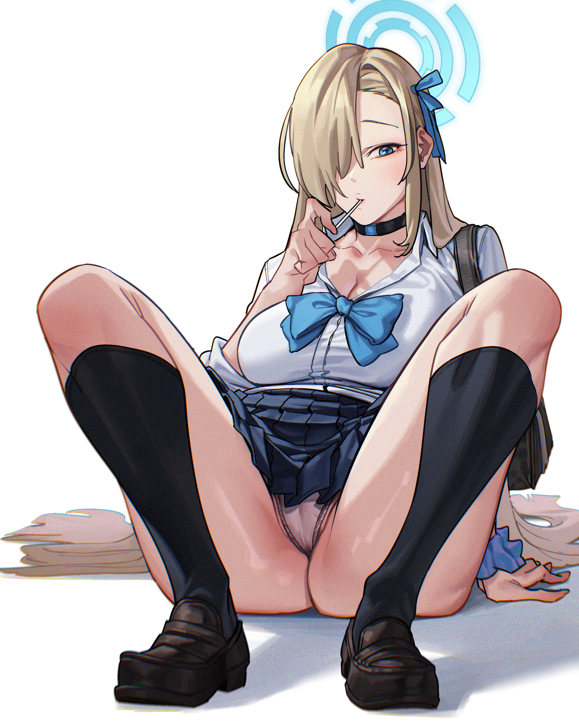 asuna (blue archive), asuna (school uniform) (blue archive), blue archive, absurdres, highres, 1girl, ass, black socks, blonde hair, blue bow, blue bowtie, blue eyes, blue halo, blue skirt, bow, bowtie, breasts, brown shoes, cameltoe, candy, choker, cleavage, collarbone, collared shirt, food, hair over one eye, halo, holding, holding candy, holding food, holding lollipop, large breasts, lollipop, long hair, looking at viewer, mikan cha (mikan62), panties, pleated skirt, scrunchie, shirt, shoes, sitting, skirt, sleeves rolled up, socks, solo, spread legs, thick thighs, thighs, underwear, very long hair, white panties, white shirt, wrist scrunchie