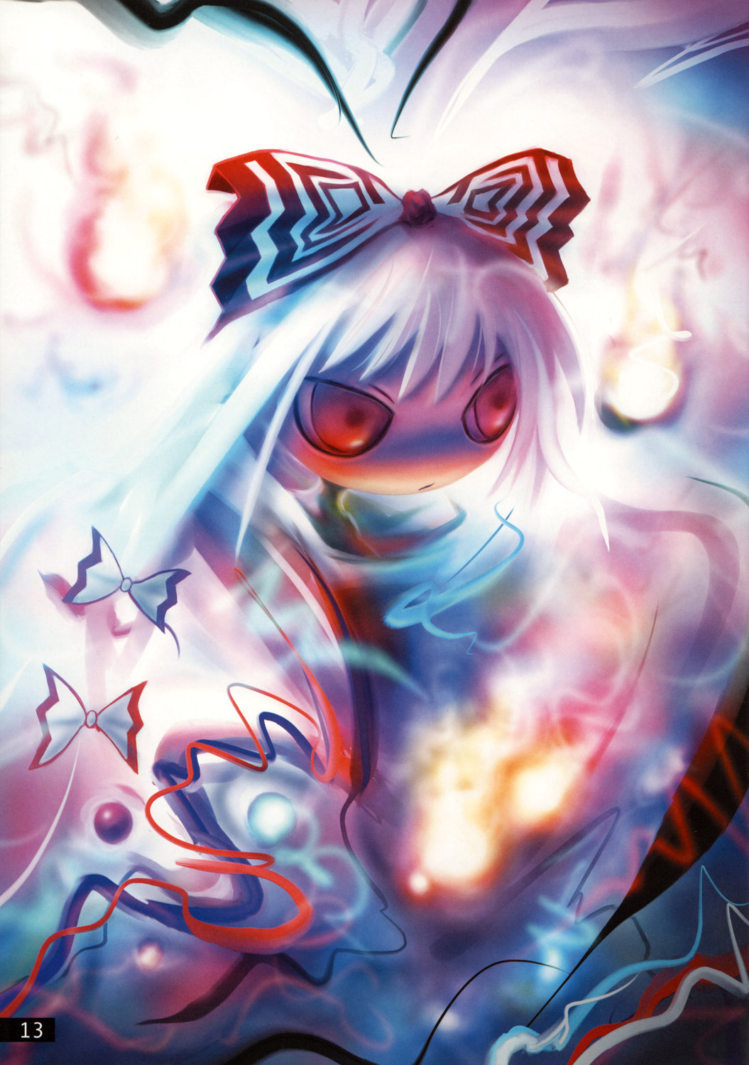 tanaka ken'ichi, fujiwara no mokou, touhou, highres, 1girl, abstract, female focus, hair ribbon, red eyes, ribbon, solo, surreal