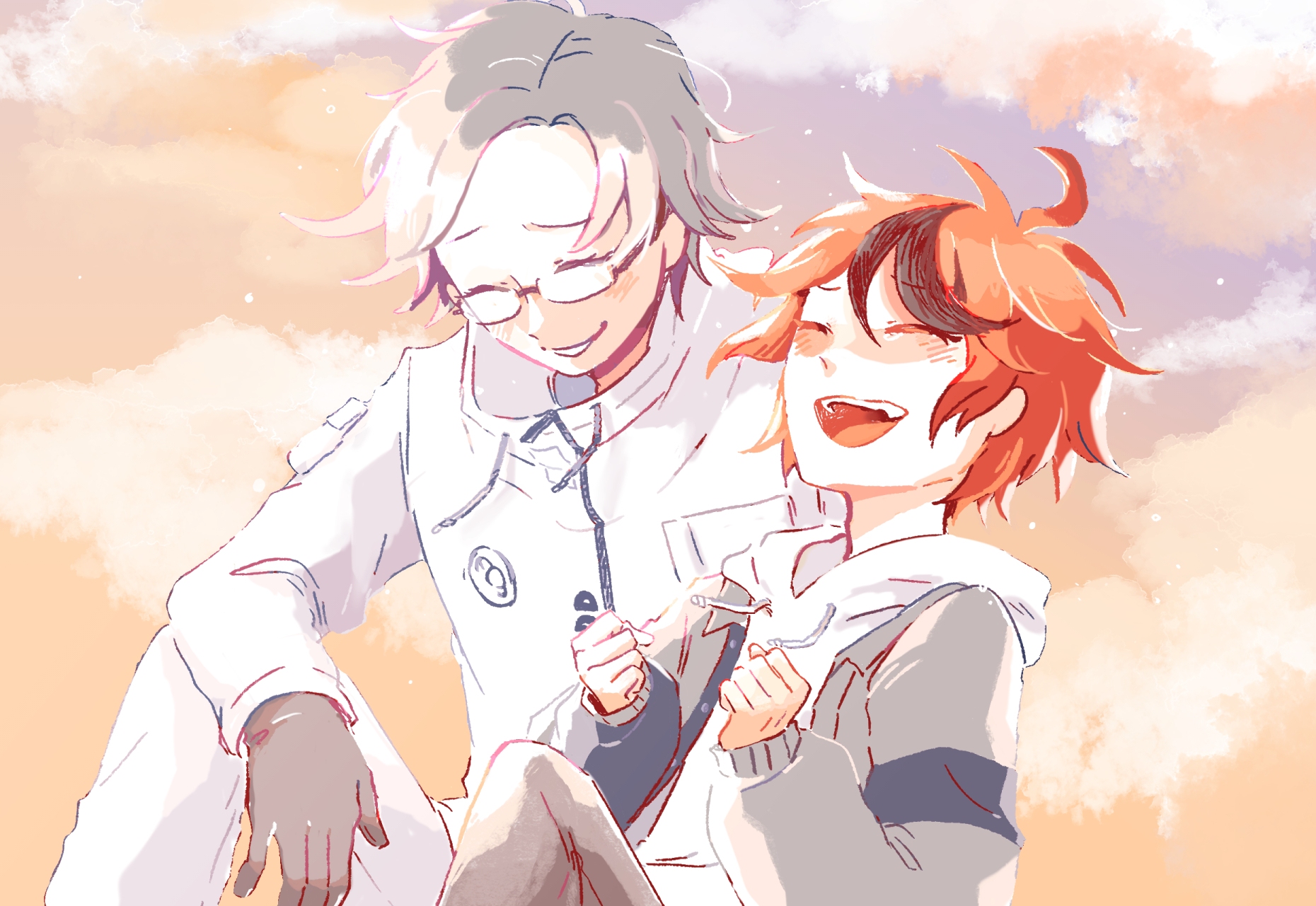 aotsuki eito, sumino takumi, the hundred line -last defense academy-, commentary, highres, 2boys, ahoge, black gloves, black hair, brown pants, clenched hands, closed eyes, glasses, gloves, grey hair, grey jacket, grin, happy, hood, hoodie, jacket, kie (kierlia), laughing, male focus, multicolored hair, multiple boys, open mouth, orange sky, outdoors, pants, parted bangs, red hair, sky, smile, streaked hair, white background, white hoodie, white jacket, yaoi