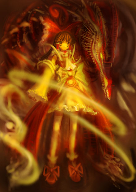 tanaka ken'ichi, hakurei reimu, touhou, 1girl, detached sleeves, dragon, dress, female focus, full body, hair ribbon, japanese clothes, miko, ribbon, solo
