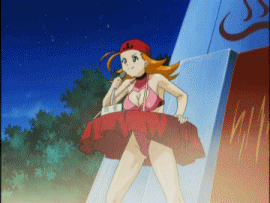 yamada ichigo, eiken, animated, animated gif, anime screenshot, lowres, 00s, 1girl, ass, ass shake, bouncing breasts, breasts, cleavage, cleavage cutout, clothing cutout, covered erect nipples, female focus, happy, heart, heart cutout, huge ass, long hair, microphone, night, one-piece swimsuit, orange hair, shiny skin, solo, swimsuit, talking