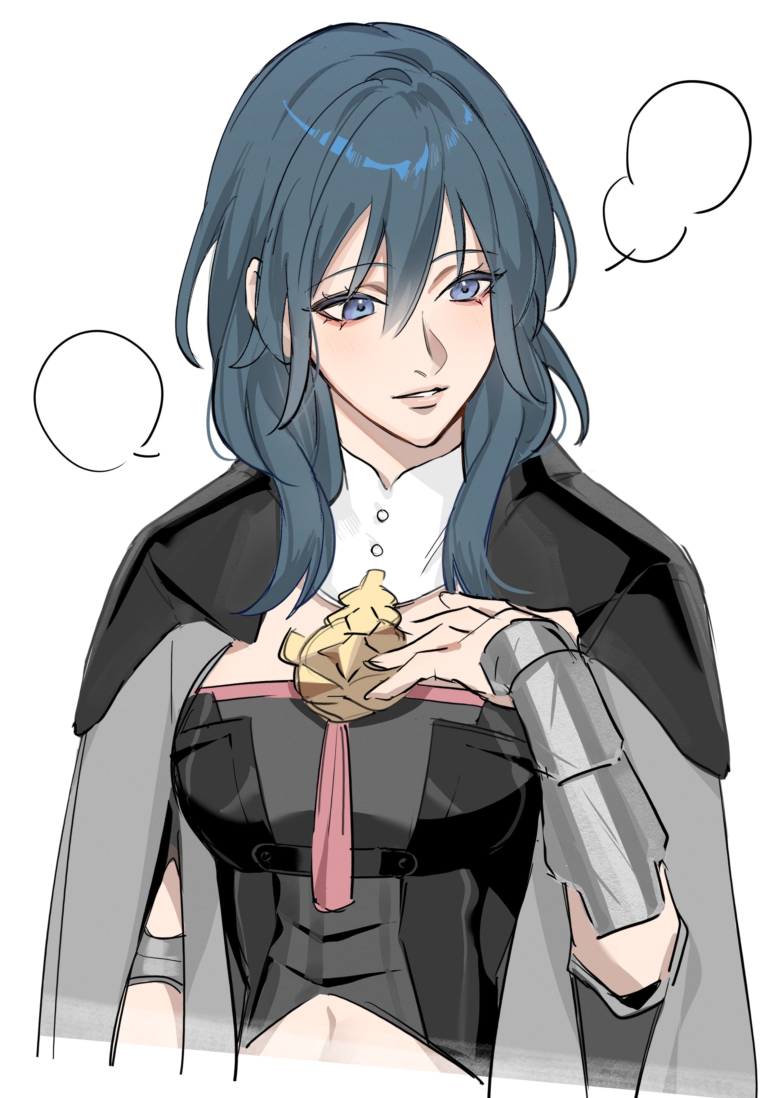 toho10min, female byleth (fire emblem), fire emblem, fire emblem: three houses, nintendo, absurdres, commentary request, highres, 1girl, armor, blue eyes, blue hair, cape, grey cape, grin, hair between eyes, hand on own chest, lips, long hair, navel, parted lips, pink lips, simple background, smile, solo, white background