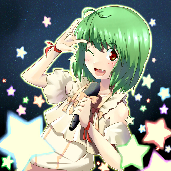 pirlo, ranka lee, macross, macross frontier, bad id, bad pixiv id, 00s, m/, ahoge, blush, fang, green hair, microphone, red eyes, seikan hikou, short hair, solo, space, star (symbol)