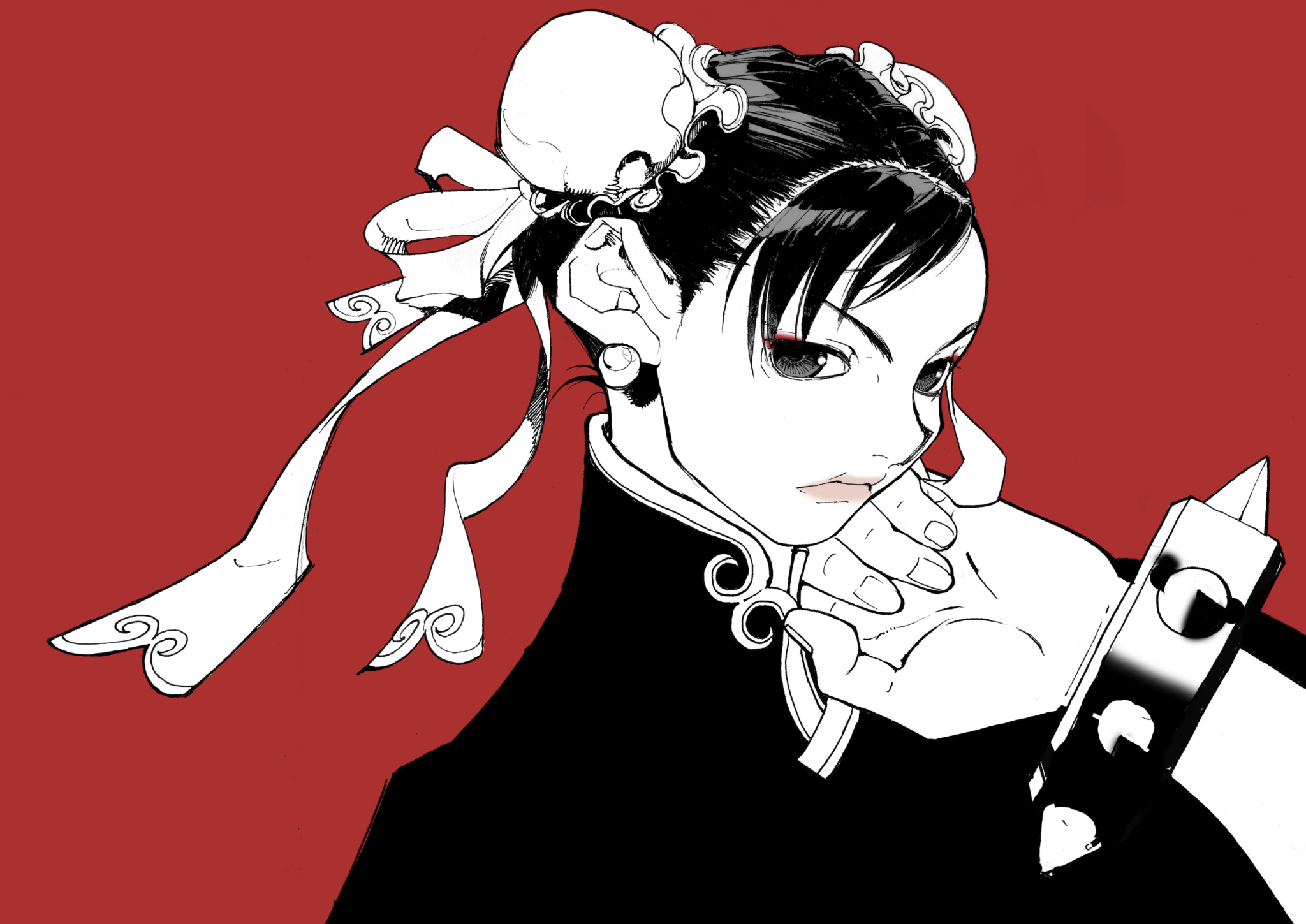 harumaru, chun-li, capcom, street fighter, street fighter iii (series), game cg, highres, non-web source, official art, 1girl, bracelet, bun cover, china dress, chinese clothes, double bun, dress, earrings, hair bun, hand on own face, jewelry, looking at viewer, red background, simple background, solo, spiked bracelet, spikes, studded bracelet