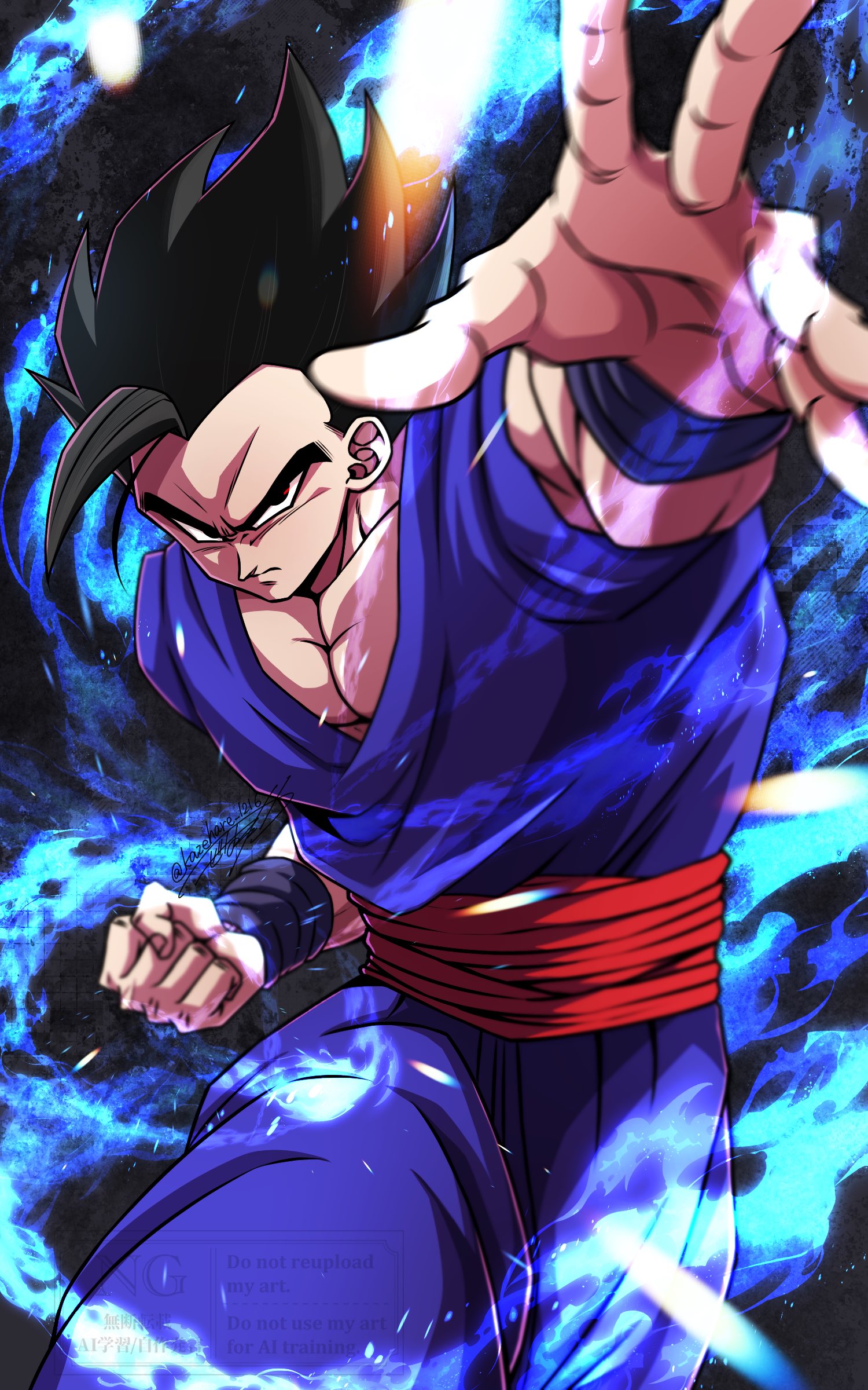 son gohan, dragon ball, absurdres, highres, 1boy, belt, black hair, blue dougi, clenched hand, closed mouth, cowboy shot, fighting stance, frown, furrowed brow, kazehare 1216, male focus, muscular, muscular male, outstretched hand, pectorals, red belt, solo, spiked hair, toriyama akira (style)