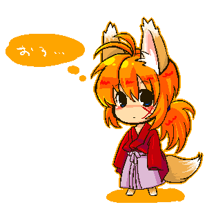 himura kenshin, rurouni kenshin, lowres, 1boy, animal ears, chibi, fox ears, full body, male focus, simple background, solo, tail