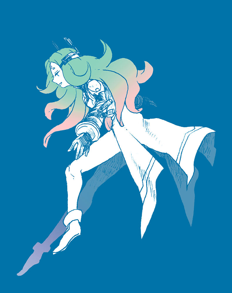 michibata 65, another eden, commentary request, 1girl, ankle boots, blue background, boots, coat, floating, floating hair, from side, full body, gloves, gradient hair, green hair, hatching (texture), headdress, levia (another eden), linear hatching, long hair, long sleeves, looking down, multicolored hair, open mouth, orange hair, partially colored, plantar flexion, profile, simple background, smile, solo