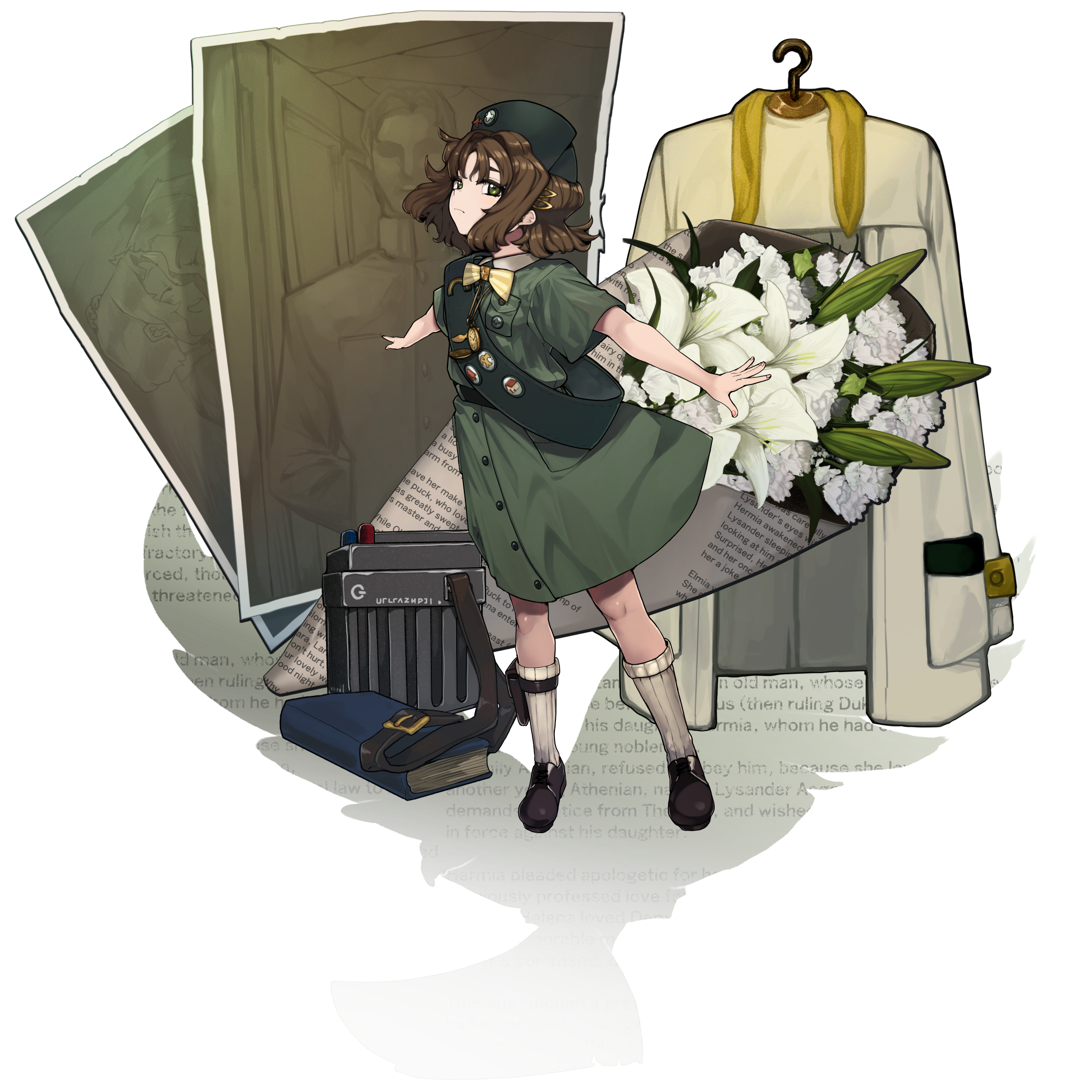 muu (d-muu), eagle (reverse:1999), reverse:1999, highres, 1girl, badge, beret, book, bouquet, bow, bowtie, brown hair, brown shoes, button badge, closed mouth, coat, dress, flower, full body, girl scout, green dress, green eyes, green hat, green sash, hat, lily (flower), looking at viewer, medium dress, merit badge sash, photo (object), pocket watch, pouch, sash, scout uniform, shoes, short hair, short sleeves, shoulder sash, socks, solo, thigh pouch, traditional bowtie, unworn coat, watch, white background, white coat, white flower, white socks, yellow bow, yellow bowtie