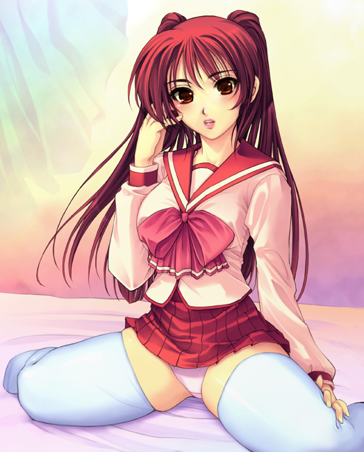 yoko juusuke, kousaka tamaki, to heart (series), to heart 2, bad id, bad pixiv id, 00s, 1girl, bed, blush, bow, breasts, bulge, facing viewer, female focus, lips, long hair, long sleeves, looking at viewer, matching hair/eyes, medium breasts, miniskirt, no shoes, panties, pantyshot, pleated skirt, red eyes, red hair, red skirt, school uniform, serafuku, sitting, skindentation, skirt, solo, thighhighs, underwear, upskirt, wariza, white thighhighs, zettai ryouiki