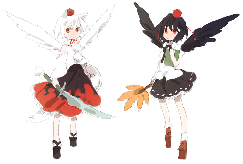 kazune (baumkuchen), mokeo, inubashiri momiji, shameimaru aya, touhou, 2girls, animal ears, black hair, black wings, female focus, full body, hand fan, hat, multiple girls, red eyes, shield, simple background, standing, sword, tail, weapon, white background, white hair, wings, wolf ears, wolf tail