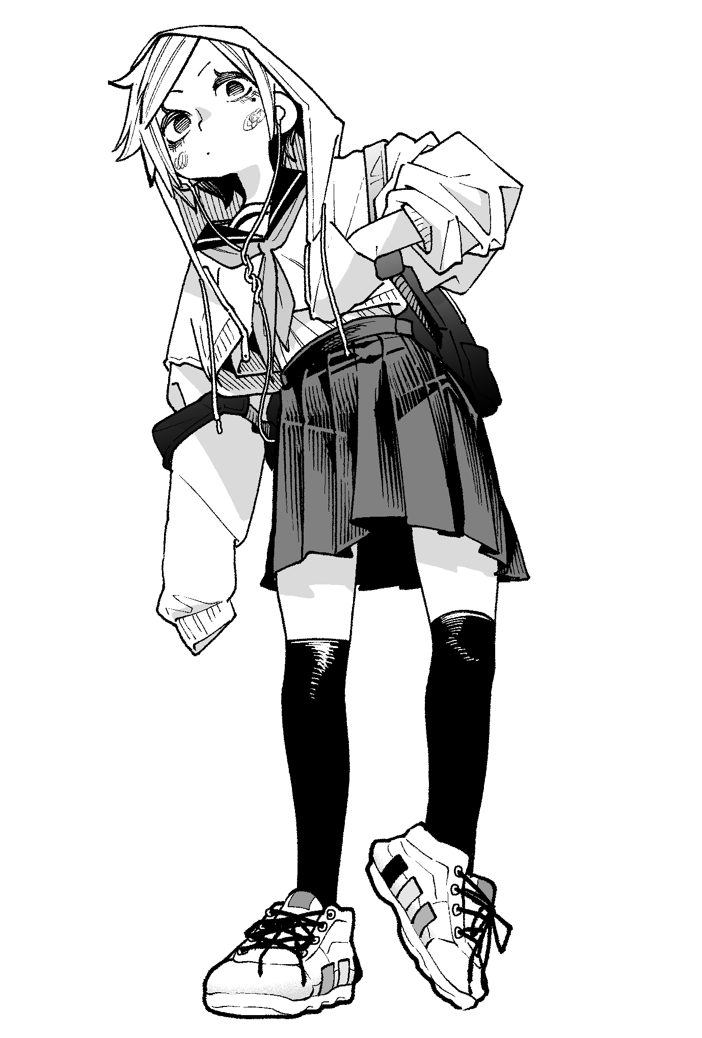 gavucchi, original, highres, 1girl, arm at side, backpack, bag, blush, closed mouth, cropped jacket, dot mouth, drawstring, earbuds, earphones, full body, greyscale, hand in pocket, hatching (texture), hood, hood up, hooded jacket, jacket, leaning to the side, linear hatching, long sleeves, looking at viewer, miniskirt, monochrome, neckerchief, open clothes, open jacket, over-kneehighs, parted bangs, pleated skirt, puffy long sleeves, puffy sleeves, sailor collar, school uniform, serafuku, shirt, shoes, short hair, simple background, skirt, sleeves past fingers, sleeves past wrists, sneakers, solo, standing, standing on one leg, thighhighs, undershirt, white background