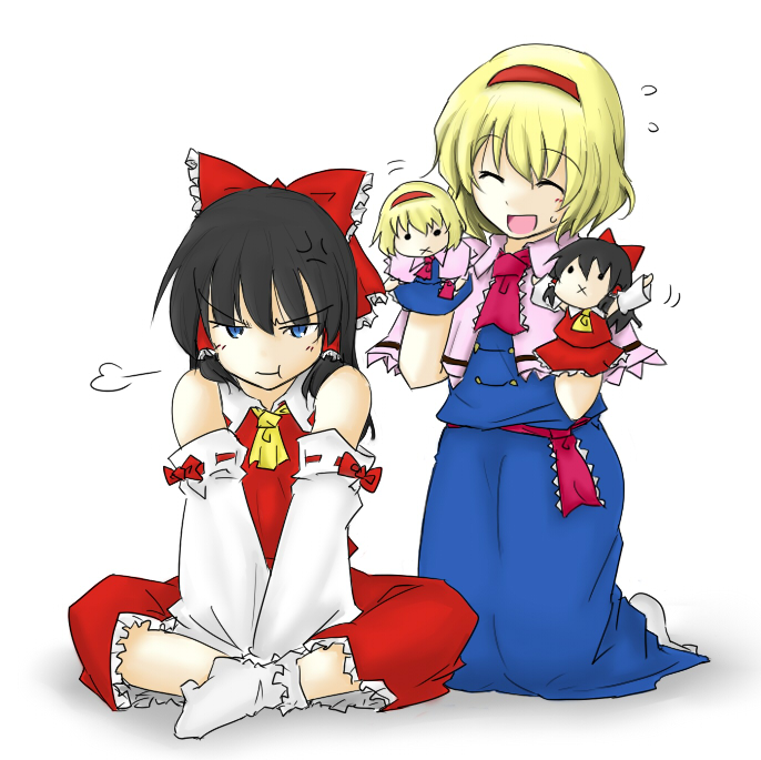 lysander z, alice margatroid, hakurei reimu, strange and bright nature deity, touhou, fume, 2girls, :t, angry, black hair, blonde hair, blue eyes, character doll, closed eyes, detached sleeves, doll, female focus, hairband, hand puppet, indian style, japanese clothes, kneeling, miko, multiple girls, pout, puppet, short hair, sitting, socks, v arms, x mouth