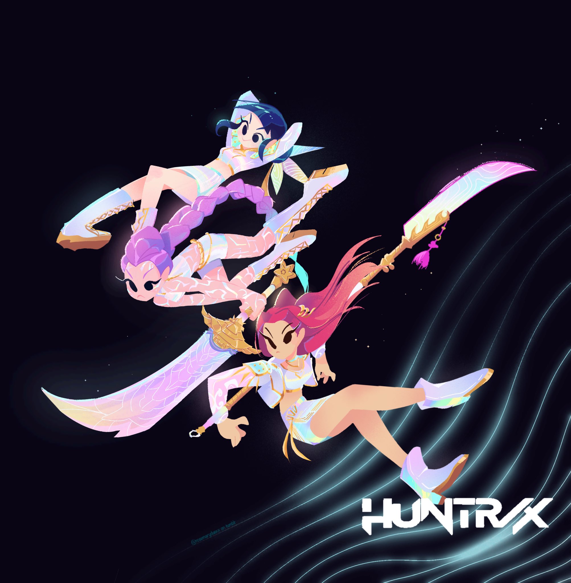 mira (kpop demon hunters), rumi (kpop demon hunters), zoey (kpop demon hunters), kpop demon hunters, commentary, highres, 3girls, blue hair, blunt bangs, body markings, boots, braid, braided ponytail, full body, group name, high heels, holding, holding polearm, holding sword, holding weapon, incoming attack, jacket, long hair, multiple girls, pink hair, polearm, purple hair, rosemaryduexx, shorts, sidelocks, sword, twintails, weapon, white boots, white jacket, white shorts