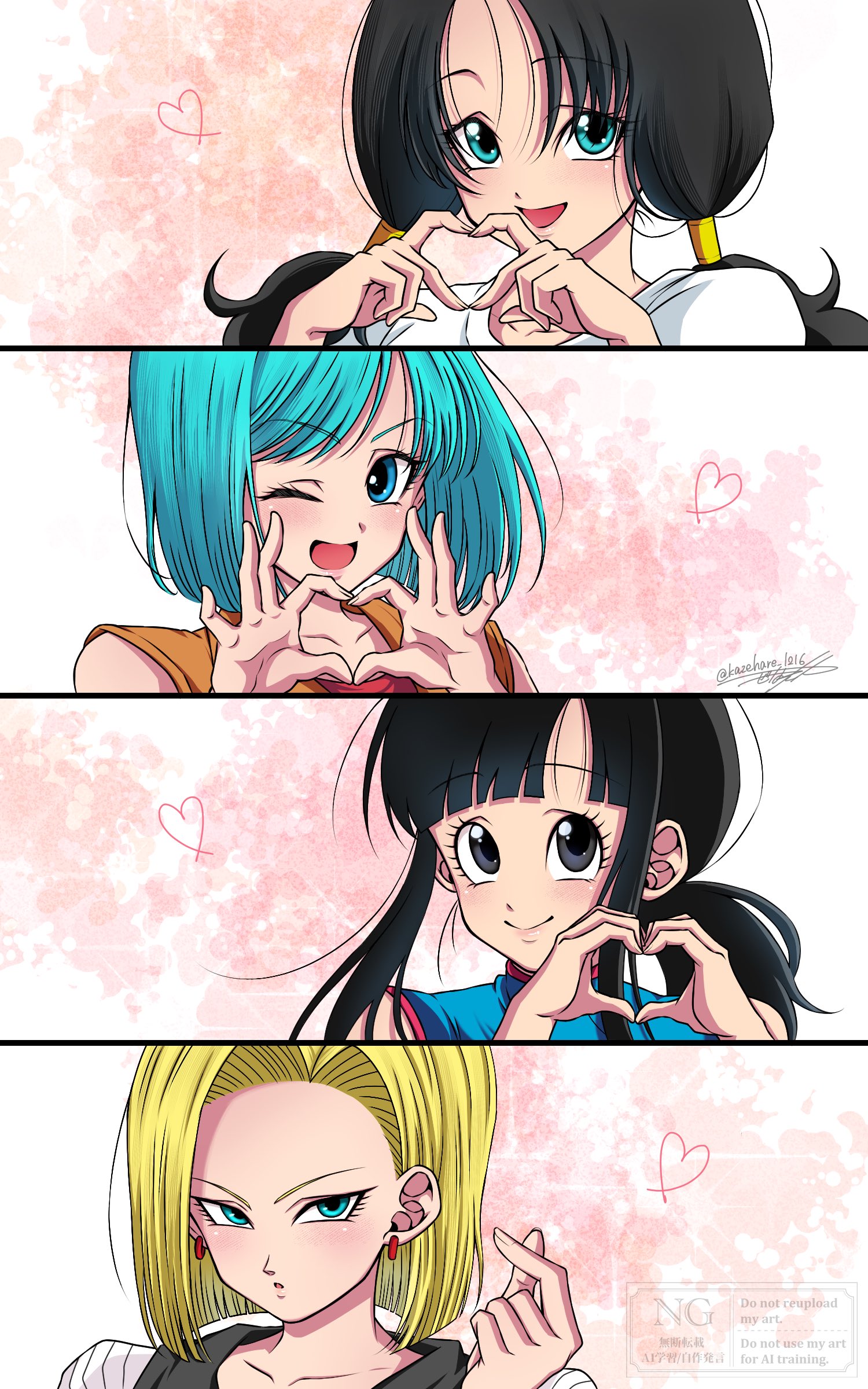android 18, bulma, chi-chi (dragon ball), videl, dragon ball, absurdres, highres, 4girls, aqua eyes, aqua hair, black hair, blonde hair, blue shirt, blunt bangs, blunt ends, closed mouth, collarbone, earrings, grey eyes, heart, heart hands, jewelry, kazehare 1216, light blush, long hair, low twintails, multiple girls, one eye closed, open mouth, orange shirt, parted bangs, parted lips, shirt, short hair, smile, twintails, twitter username, upper body, white shirt