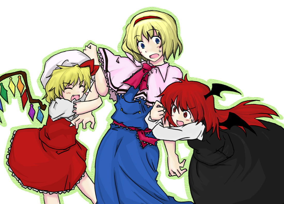 lysander z, alice margatroid, flandre scarlet, koakuma, touhou, >:d, 3girls, :d, :o, ^ ^, bat wings, blonde hair, blue eyes, closed eyes, fang, female focus, hairband, hat, head wings, long hair, multiple girls, open mouth, red eyes, red hair, short hair, smile, sweatdrop, v-shaped eyebrows, vampire, wings